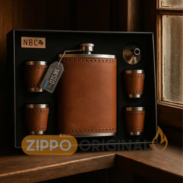 فلاسک جیبی چرم قهوه ای 4 شات